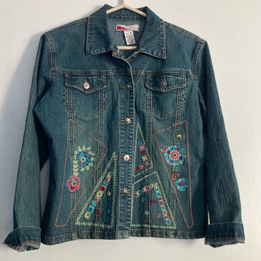 Cosmopolitan womens SZ M blue jean Floral Embroidered Jacket Vintage Beautiful - Picture 2 of 12